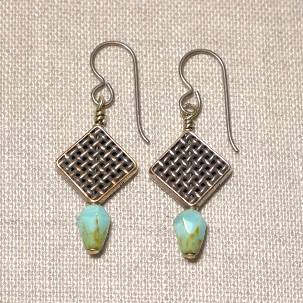 Hand Crafted Handmade Earrings Woven Copper Beads Aqua Czech Glass Beads - Picture 1 of 4